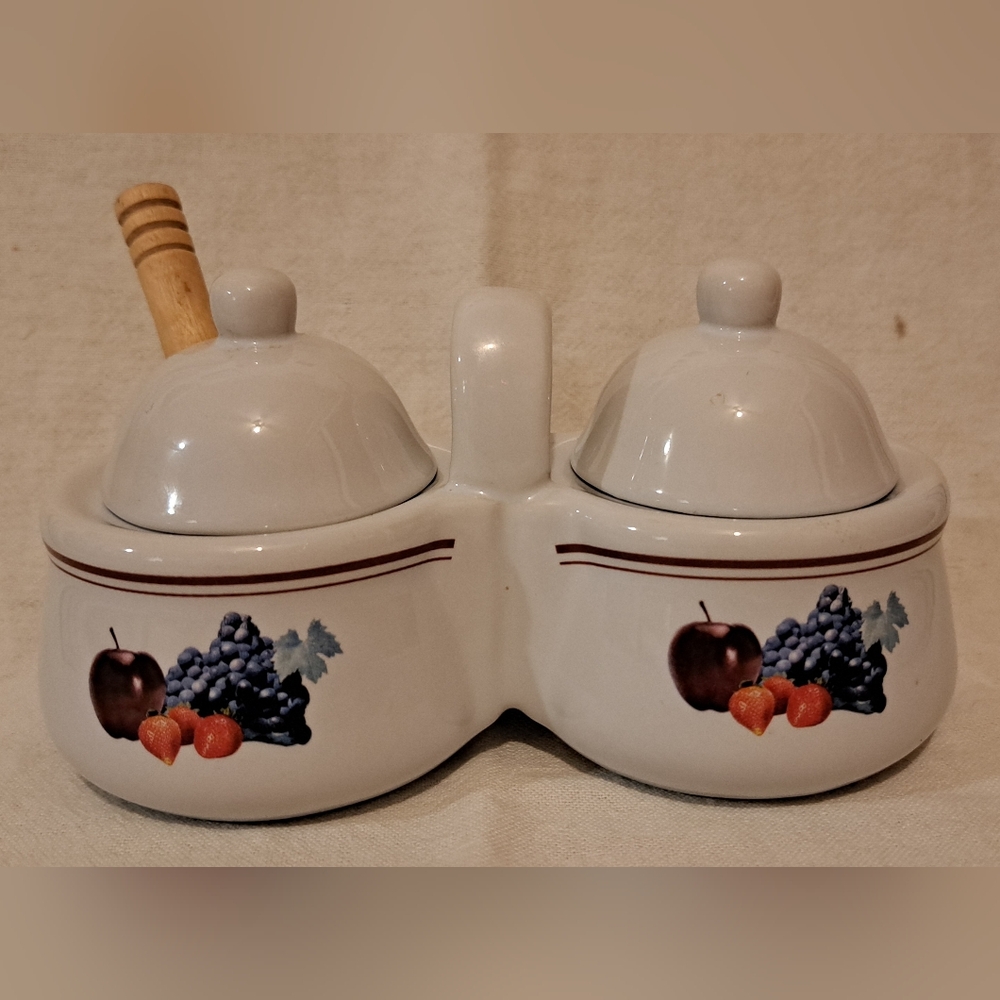 Houston Harvest Ceramic Double Condiment Jar with Fruit Design With One Spoon